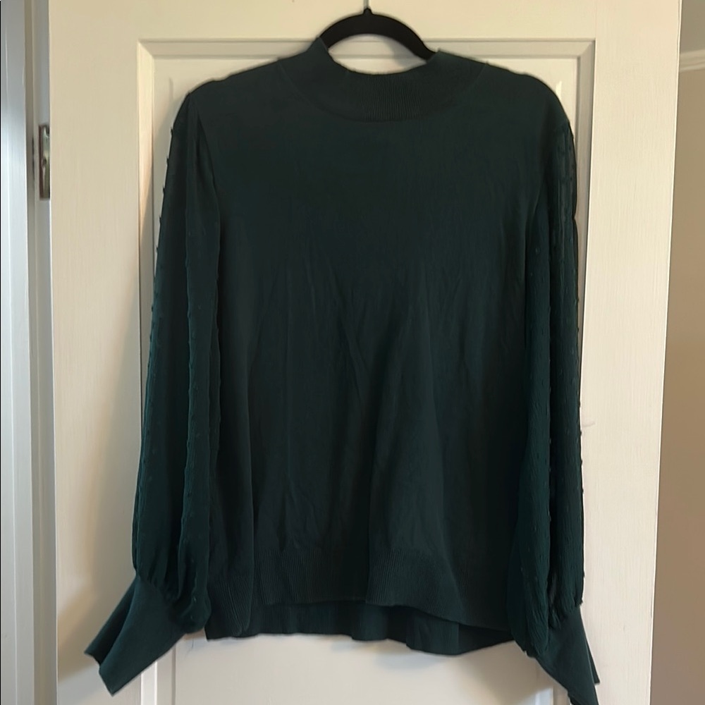 CeCe Green Boxy Long Sleeve Blouse with Mandarin Collar and sheer sleeves